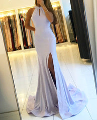 Long Halter Keyhole Floor Length Ruffles Mermaid Prom Dress With Side Slit