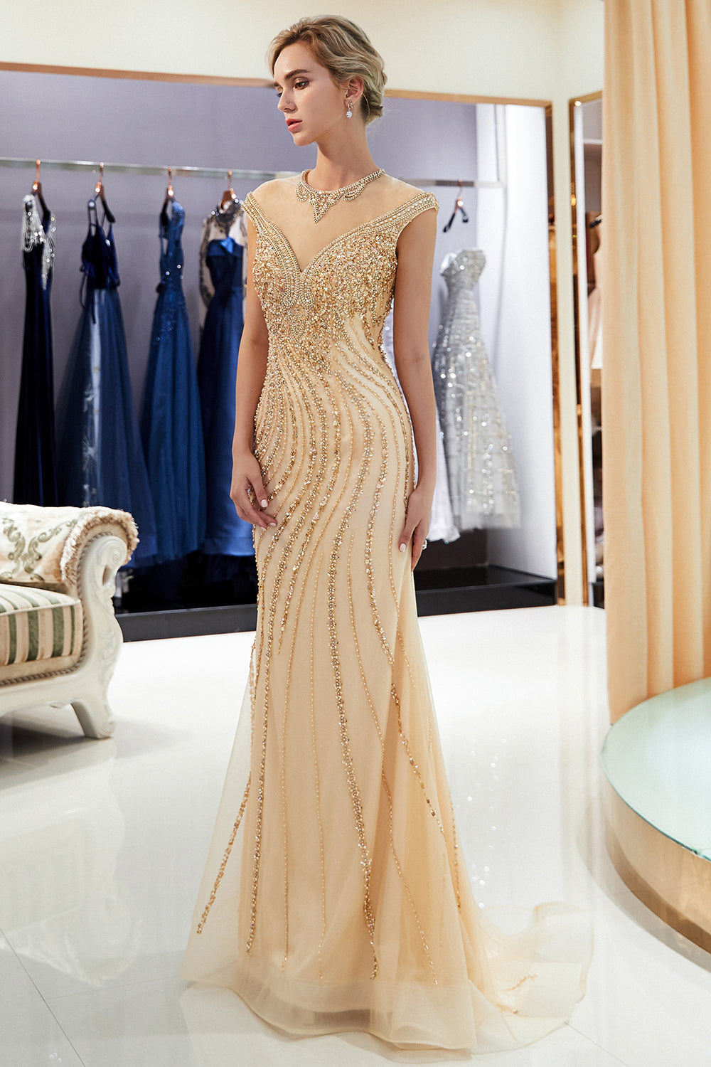Long Jewel Tulle Mermaid Beading Sleeveless Formal Evening Dresses