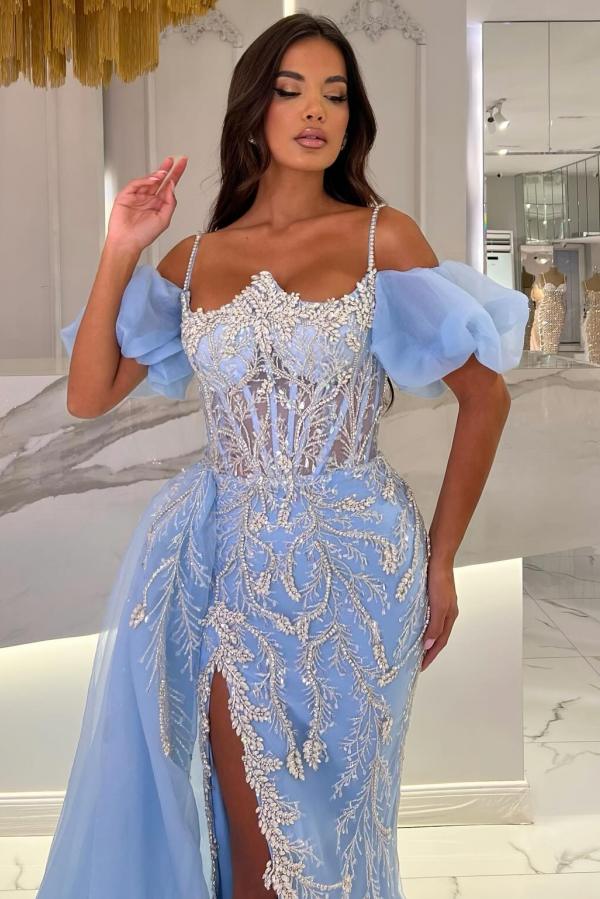 Long Mermaid Tulle Appliques Lace Off The Shoulder Formal Dress with slit