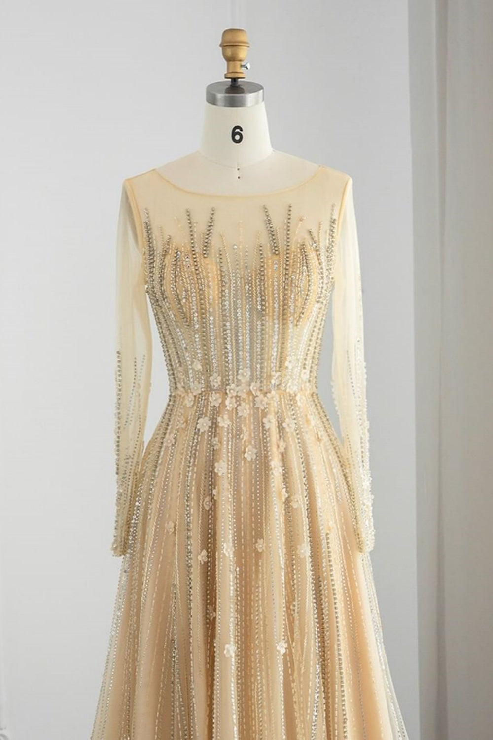 Long A-line Jewel Sequins Tulle Formal Prom Dresses with Sleeves