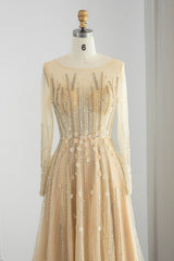 Long A-line Jewel Sequins Tulle Formal Prom Dresses with Sleeves