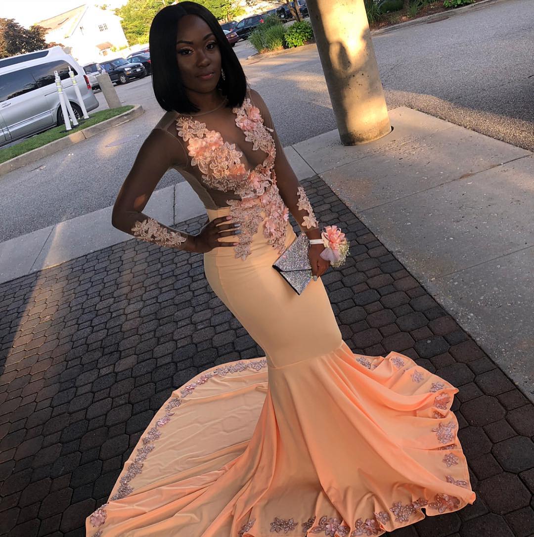 Long Mermaid Jewel Appliques Lace Satin Prom Dress with Sleeves