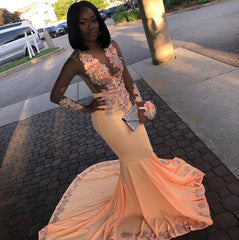 Long Mermaid Jewel Appliques Lace Satin Prom Dress with Sleeves
