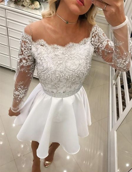 Short A Line White Lace Long Sleeves Chiffon Party Dresses