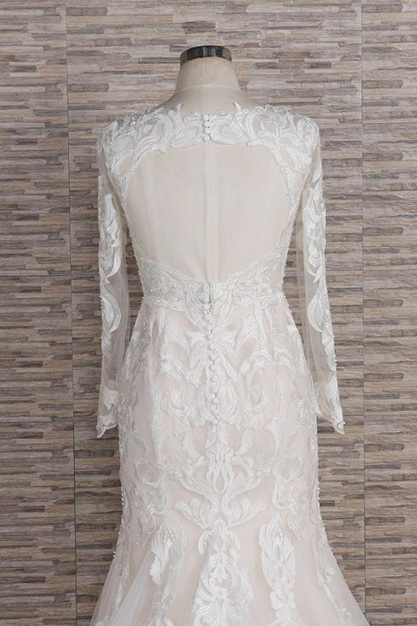 Chic Plus Size Long Sleeves V-neck Appliques Mermaid Wedding Dress