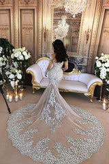 Glamorous Long Sleeves Tulle High Neck Mermaid Wedding Dresses with Detachable Overskirt