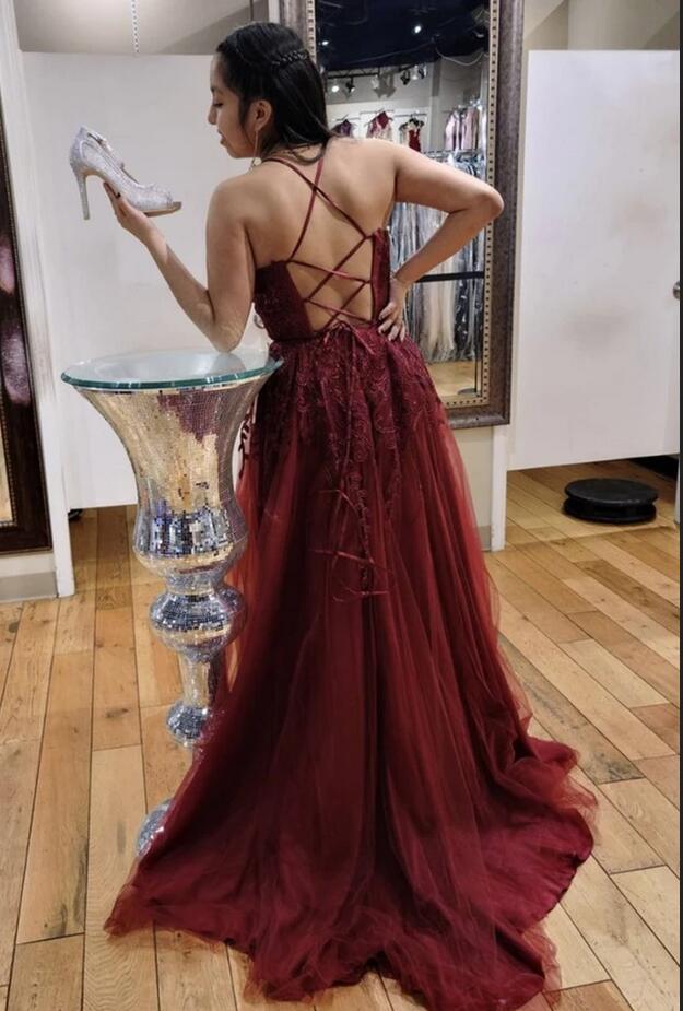 Long A-line V-neck Tulle Backless Prom Dress with Appliques Lace