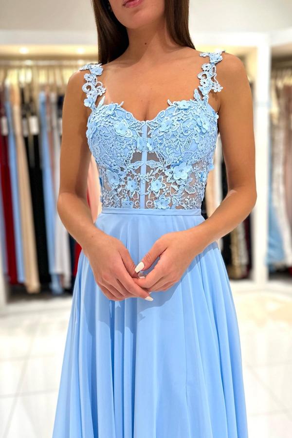 Simple Long A-line Sweetheart Chiffon Lace Backless Prom Dress with Slit