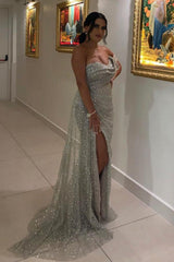Sparkly Long Mermaid One Shoulder Sequined Prom Dresses with Slit