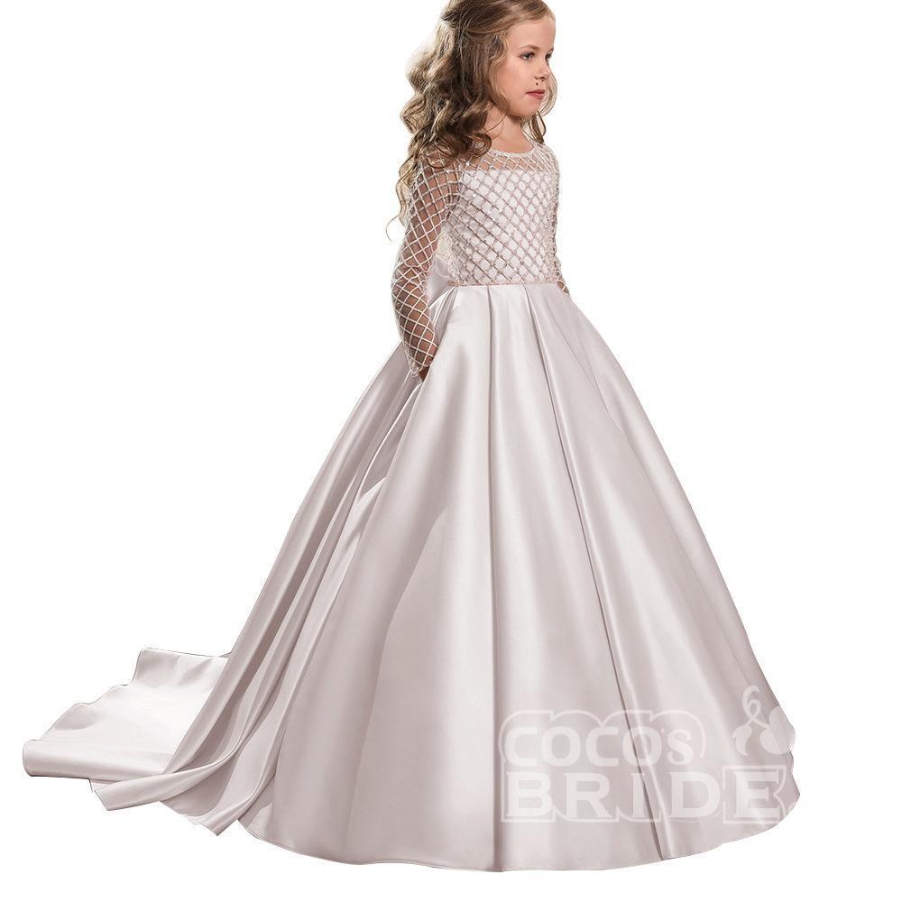 Scoop Neck Long Sleeves Ball Gown Flower Girl Dress with Pockets