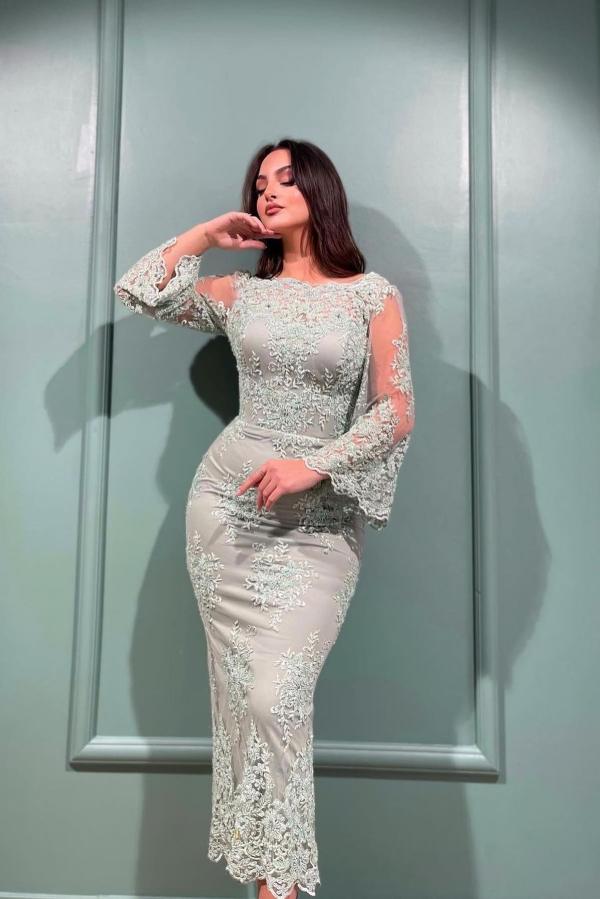 Mermaid Jewel Ankle Length Tulle Lace Formal Evening Dress with Sleeves