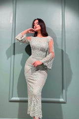 Mermaid Jewel Ankle Length Tulle Lace Formal Evening Dress with Sleeves