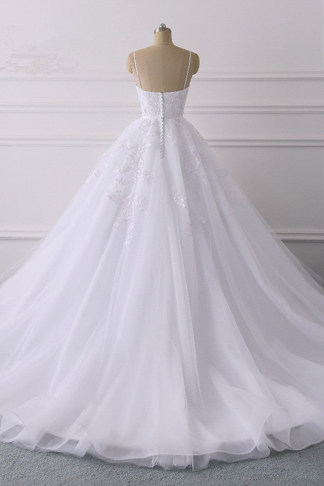 Glamorous Long Ball Gown Spaghetti Straps V-Neck Tulle Wedding Dress with Appliques Lace