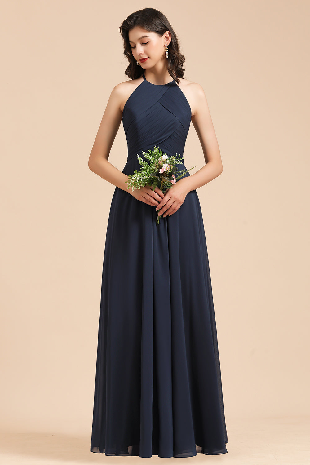 Long A-line Halter Chiffon Dark Navy Wedding Guest Dresses
