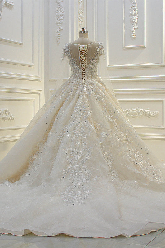 Long Sleeve Beading Bateau Appliques Lace Ball Gown Wedding Dress