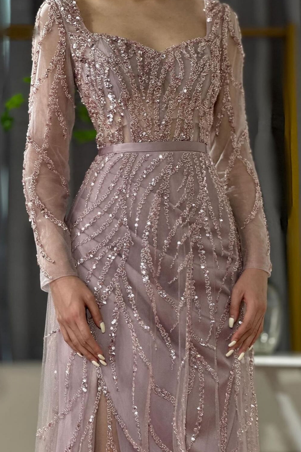 Long Sleeve Sequined Mermaid Formal Evening Dresses with Slit