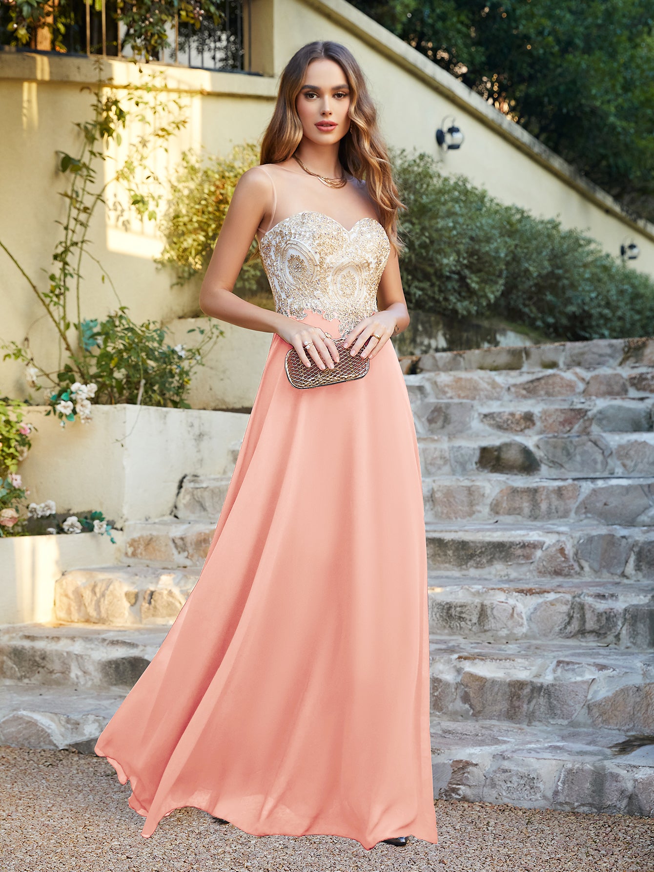 Gorgeous Long A-line Chiffon Lace Sleeveless Formal Evening Dresses