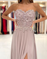Long A-Line Sweetheart Appliques Lace Chiffon Prom Dress With Side Slit