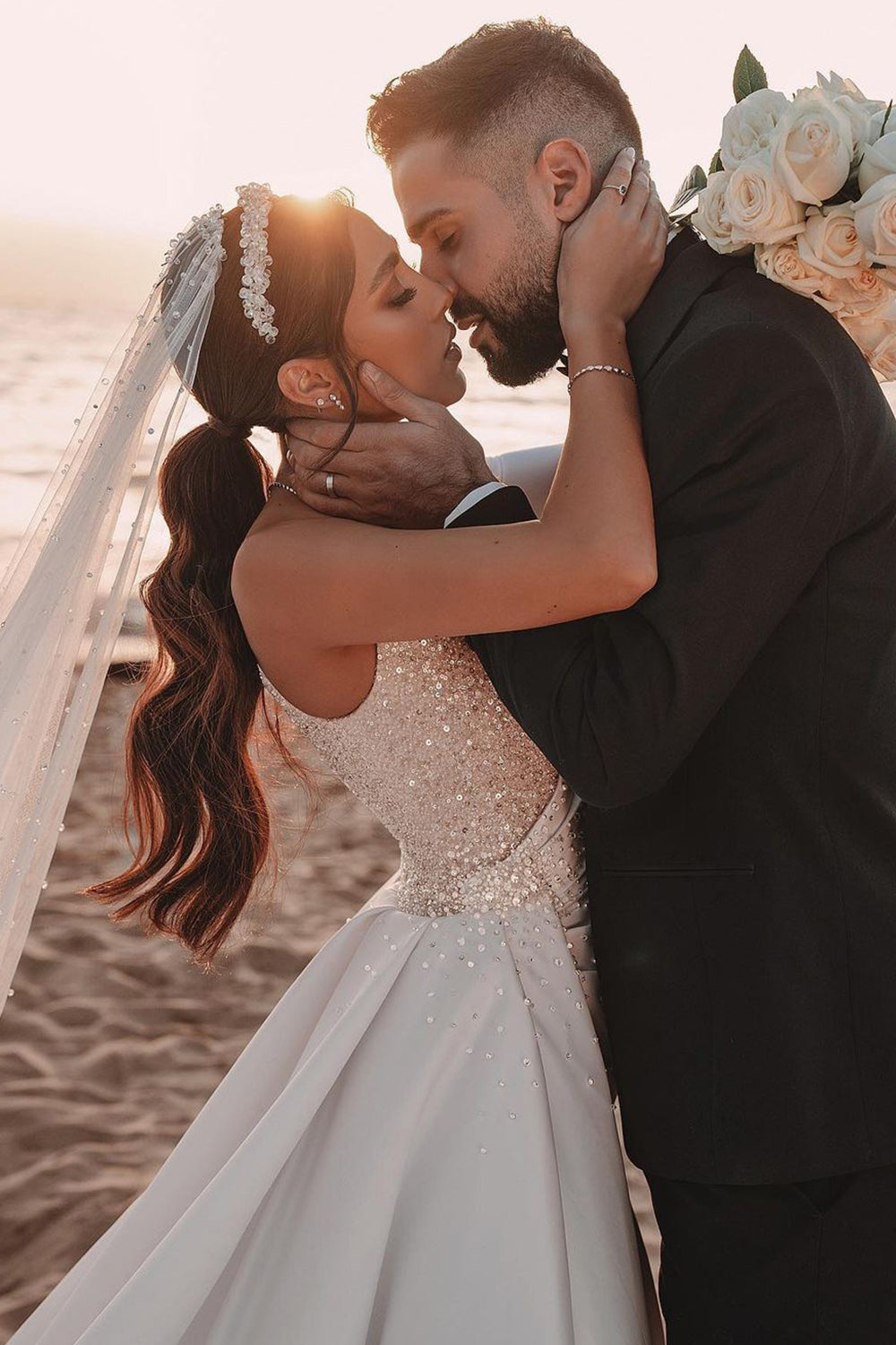 One Shoulder Long Sleeve Sequins Satin A-line Wedding Dress