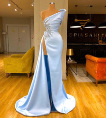 Elegant Long Mermaid One Shoulder Satin Prom Dresses with Slit