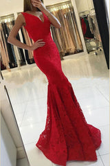 Red Long Mermaid Deep V-neck Lace Prom Dress