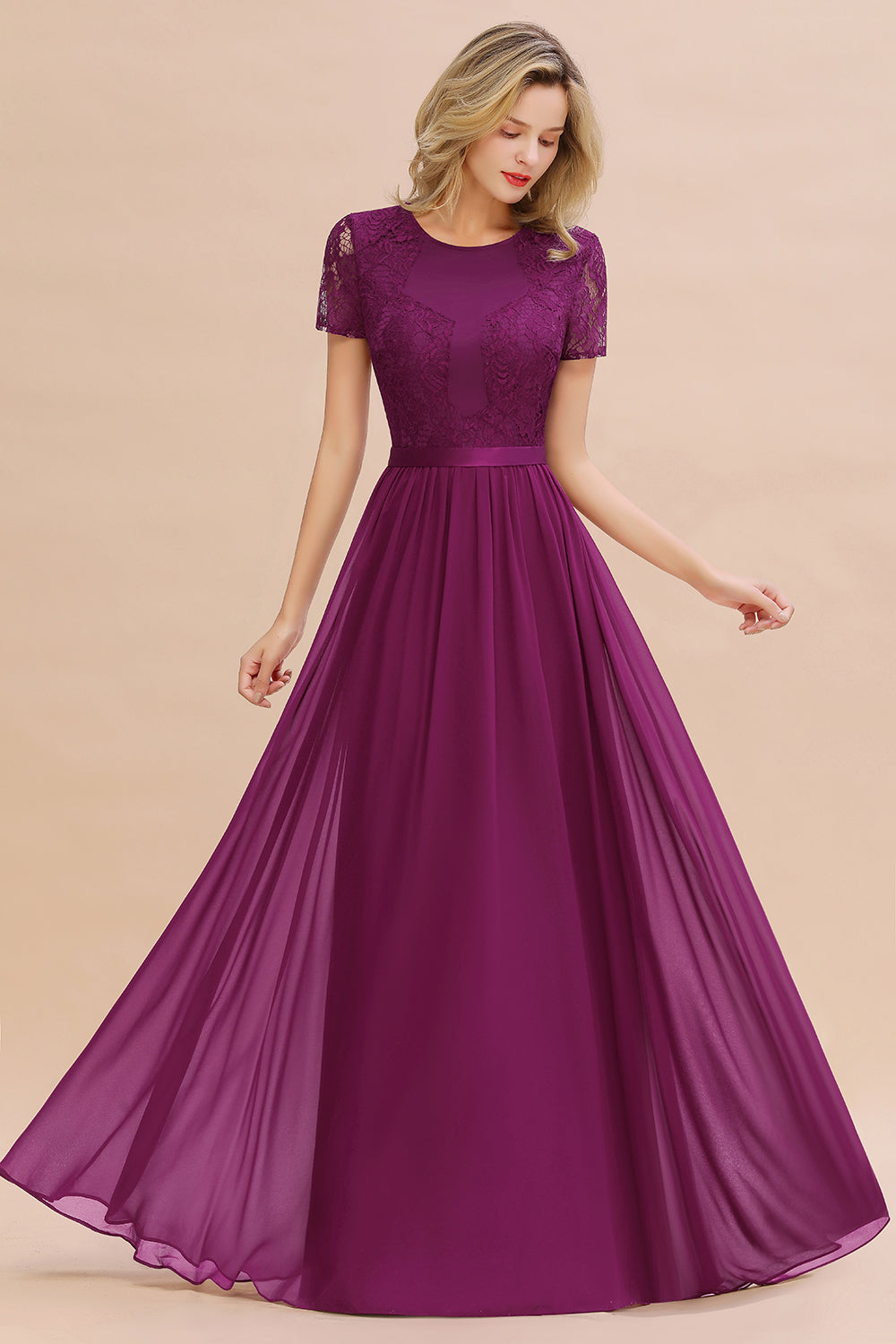 Chiffon Lace Scoop Short Sleeve Bridesmaid Dress