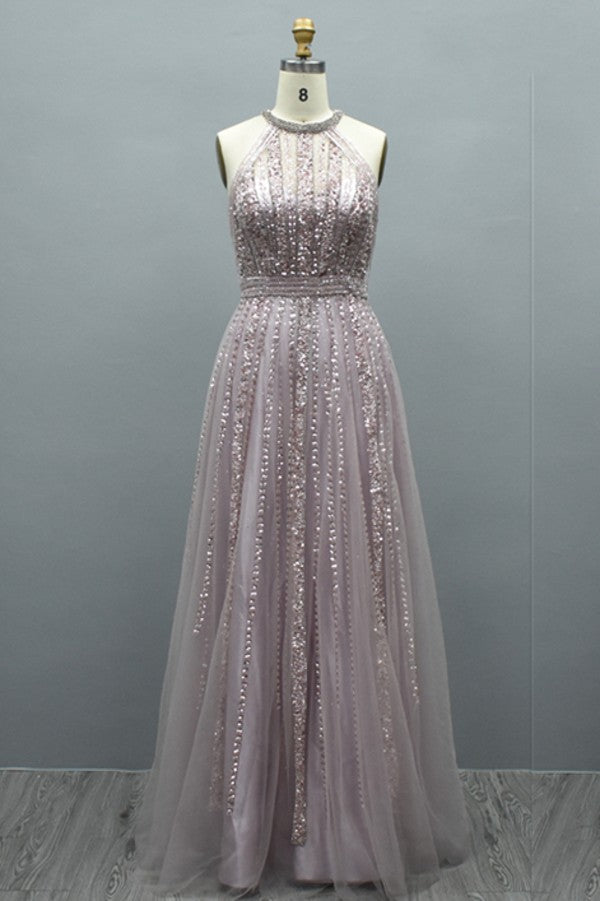 Elegant Long A-line Halter Tulle Beading Evening Gowns Online