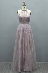 Elegant Long A-line Halter Tulle Beading Evening Gowns Online