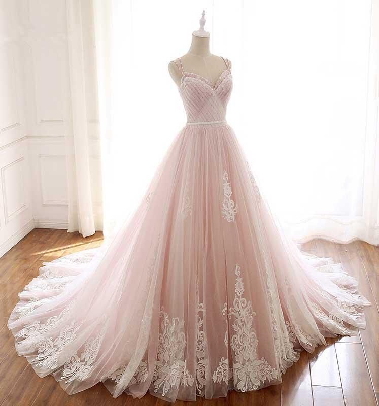 Long Spaghetti Straps Tulle A-Line Appliques Lace Floor Length Prom Dress