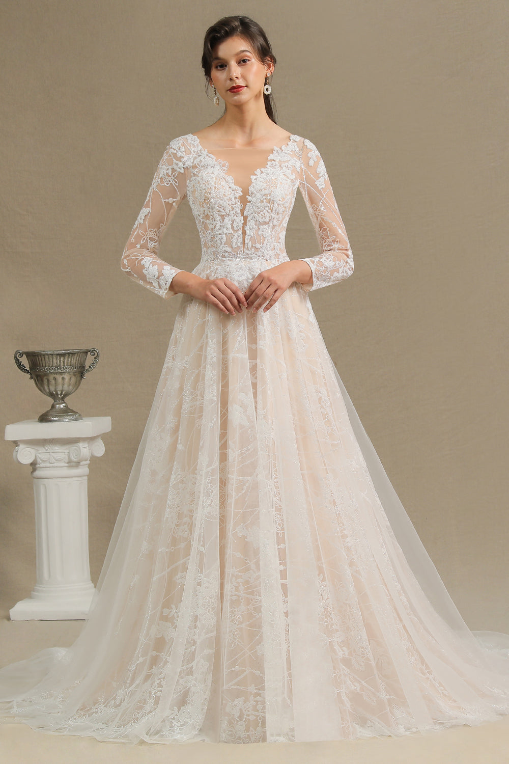 Long A-line V-neck Tulle Lace Wedding Dress with Sleeves