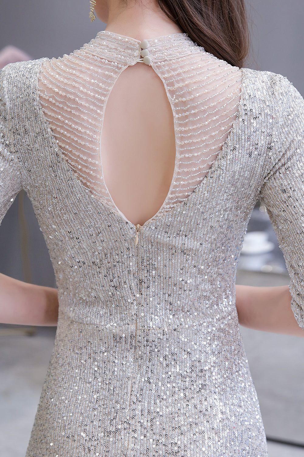 Gorgeous Silver Mermaid Long Formal Dresses with Sleeves