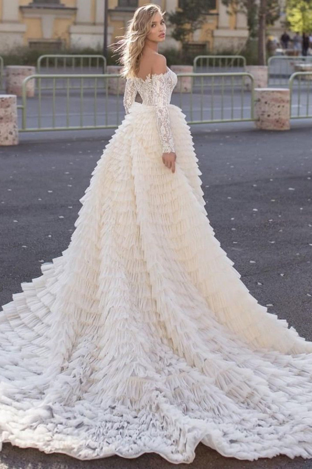 Long Sleeves Off the Shoulder Tulle Mermaid Wedding Dress With Train