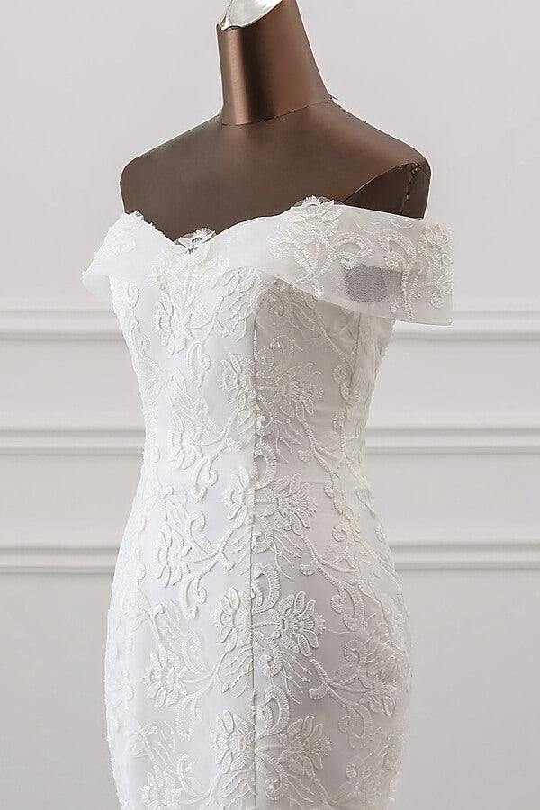 Long Off Shoulder Appliques Lace Tulle Mermaid Wedding Dress