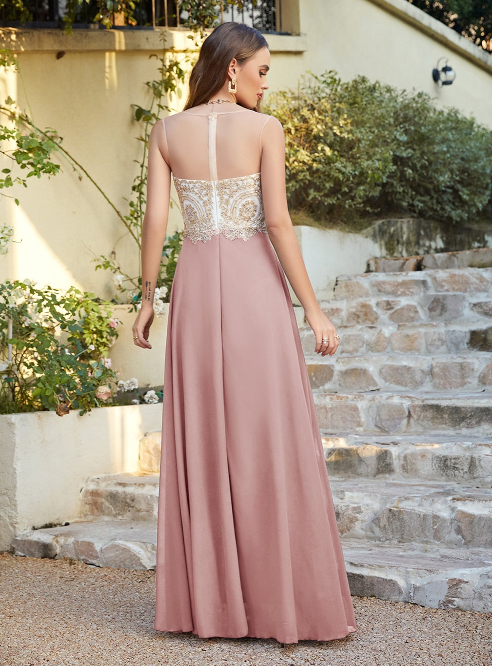 Gorgeous Long A-line Chiffon Lace Sleeveless Formal Evening Dresses