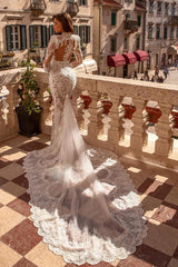 Elegant Long Mermaid High Neck Tulle Lace Wedding Dresses with Sleeves