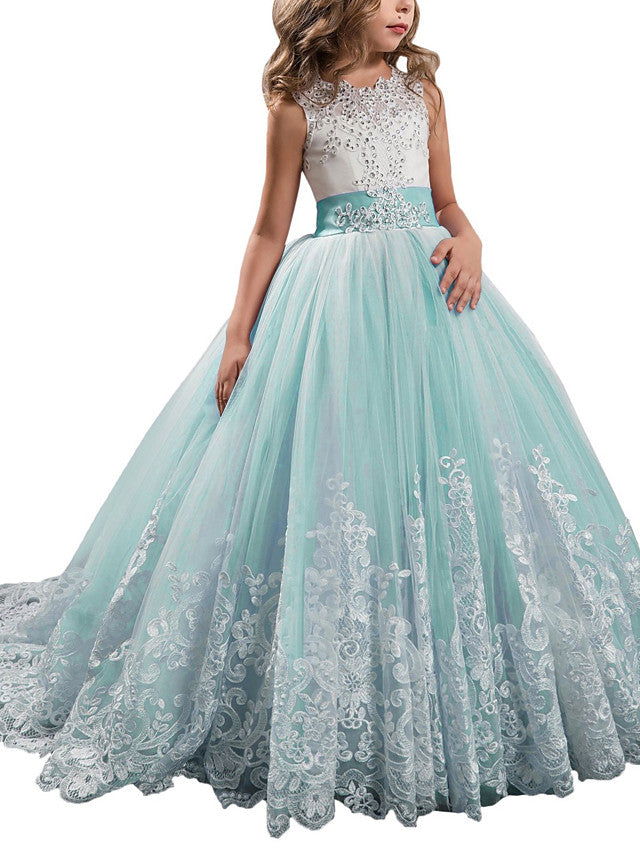 Long Ball Gown Tulle Lace Jewel Neck Pageant Flower Girl Dresses With Bow(S)