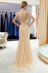 Long Jewel Tulle Mermaid Beading Sleeveless Formal Evening Dresses