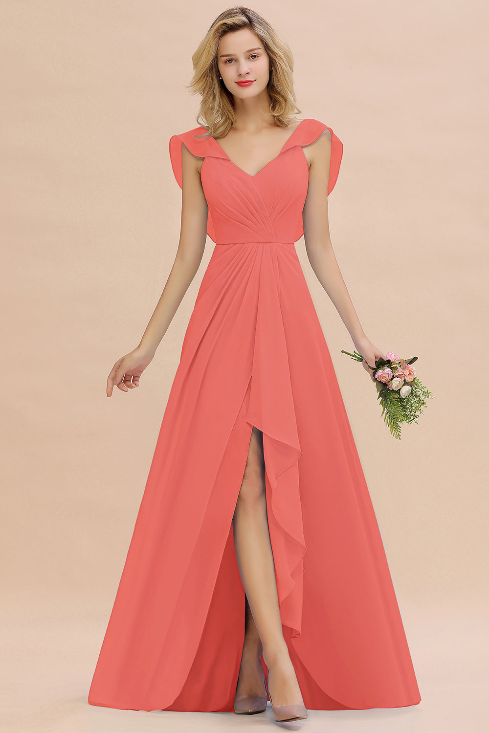 Simple High Low A-line V-Neck Ruffles Chiffon Bridesmaid Dress