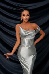 Off the Shoulder Mermaid Satin Beading Long Prom Dresses