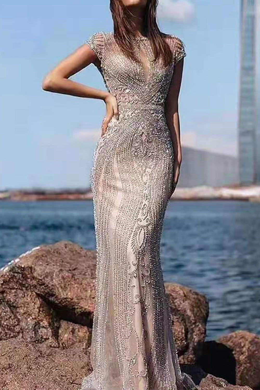 Long Mermaid Jewel Satin Beads Formal Evening Dresses