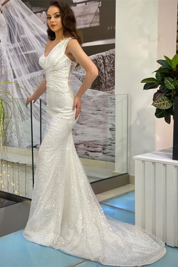 Charming White Long Mermaid One Shoulder Ruffles Sequined Prom Dress