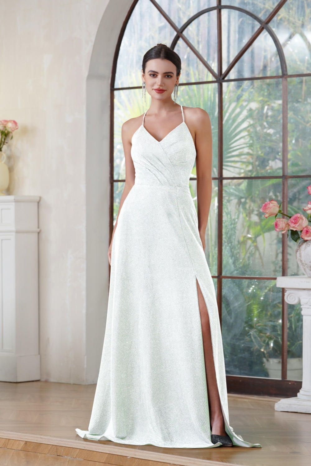 Glitter Long A-line V-neck Halter Front Slit Backless Prom Dresses with Pocket