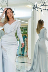Long Mermaid V-neck Satin Tulle Beading Formal Evening Dresses with Sleeves