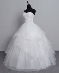 White Long Ball Gown Tulle Layered Strapless Vintage Wedding Dress
