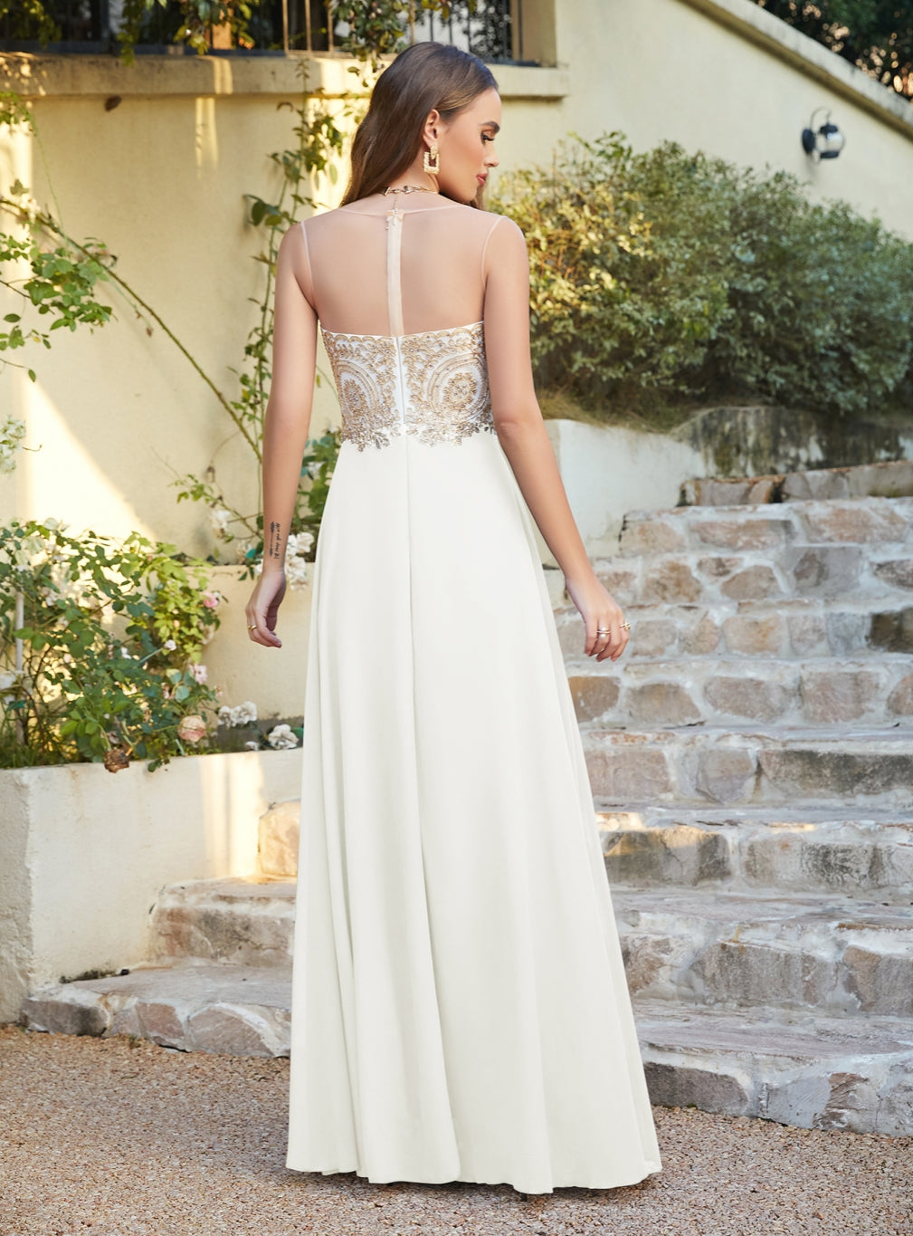 Gorgeous Long A-line Chiffon Lace Sleeveless Formal Evening Dresses