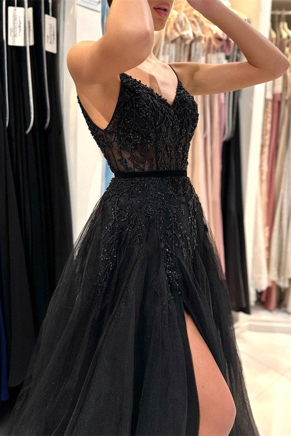 Chic Black Long A-line V-neck Tulle Lace Prom Dress with Slit