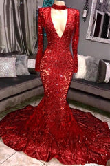 Long Sleeves Mermaid V-neck Sequins Prom Dress