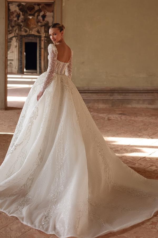 Square Neck Long Sleeve Floor Length Tulle Wedding Dress with Sequins and Beads