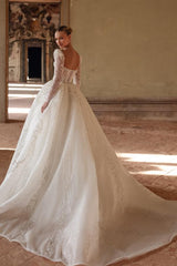 Square Neck Long Sleeve Floor Length Tulle Wedding Dress with Sequins and Beads