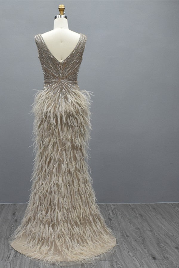Luxury Long Mermaid V-neck Backless Beading Tulle Formal Dresses with Sleeves
